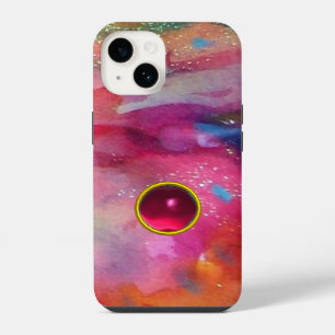 FUNDA PARA iPhone 14 ROSA AZUL ABSTRACTO CON PIEDRA PRECIOSA ROJA 3D RU