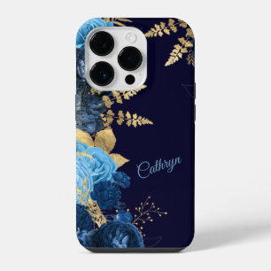 Funda Para iPhone 14 Pro Rosa azul elegante hoja de oro