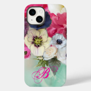 FUNDA PARA iPhone 14 ROSA BLANCA PINK Y FLORES DE ANÉMONA MONOGRAMA