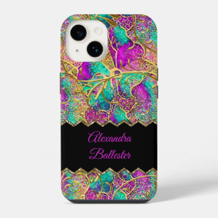 Funda Para iPhone 14 Rosa Caliente Abstracto Púrpura Teal Oro