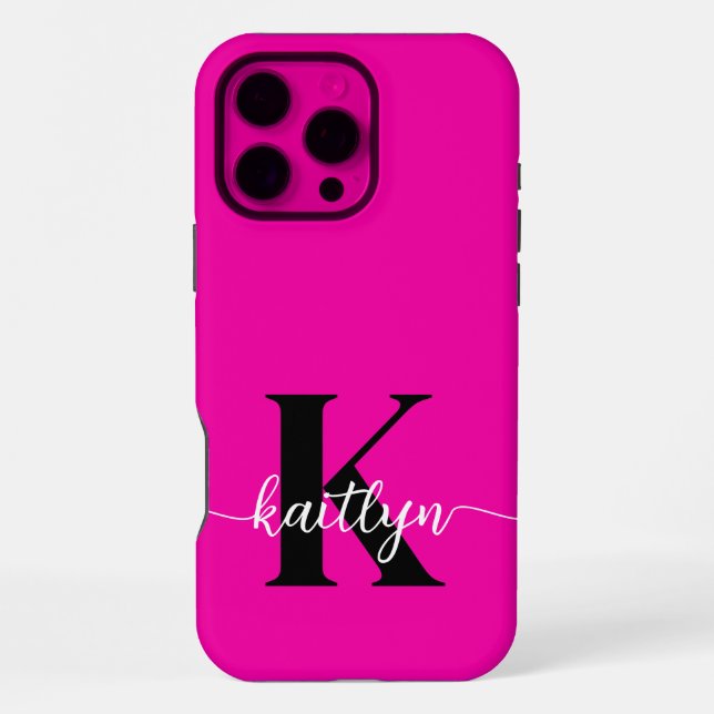 Funda Para iPhone Rosa Caliente Monograma Negro (Reverso )