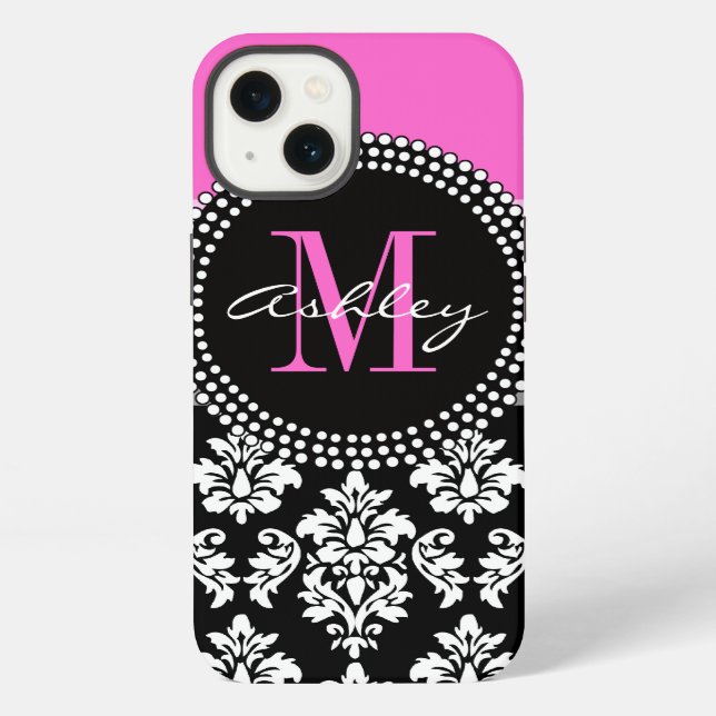 Funda Para iPhone Rosa Caliente Negro Damask Monogramado (Reverso )