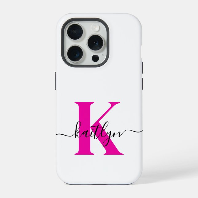 Funda Para iPhone Rosa Caliente Negro Inicial Nombre Monogramado (Reverso )