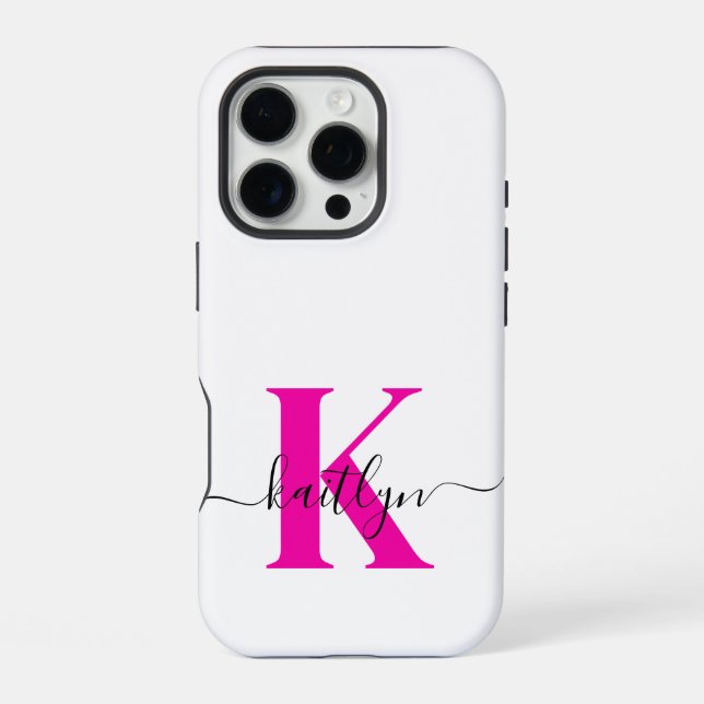 Funda Para iPhone Rosa Caliente Negro Inicial Nombre Monogramado (Reverso )