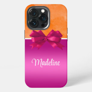 Funda Para iPhone 13 Pro Rosa Caliente Personalizado y Naranja con Lazo