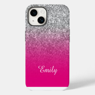 Funda Para iPhone 14 Rosa Caliente y Plata Brillante Ombre Personalizad