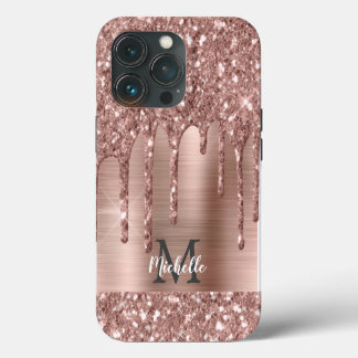 Funda Para iPhone 13 Pro Rosa Chic Dorado Brillo Gotea Monograma Metal Rosa