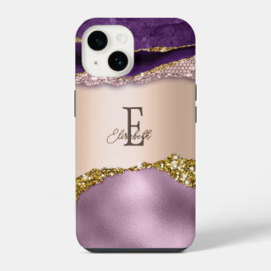 Funda Para iPhone 14 Rosa de moda Purpurina púrpura oro Monograma iPhon