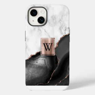 Funda Para iPhone 14 Rosa de Oro Negro Mármol Blanco Agata Monograma