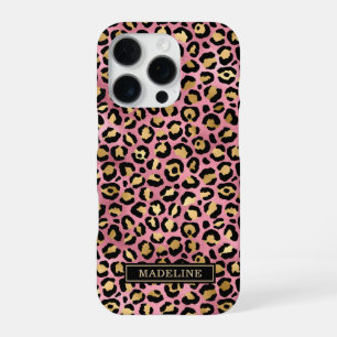 Funda Para iPhone 16 Pro Rosa Dorado Estampado Leopardo Monogramado