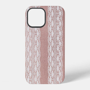 Funda Para iPhone 12 Rosa dorado metálico, textura de encaje blanco apa
