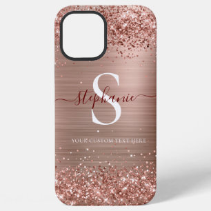 Funda Para iPhone 12 Pro Max Rosa Dorado Monograma Brillo Falso Glam Femenino