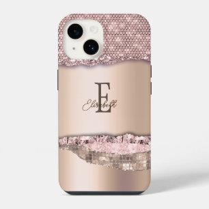 Funda Para iPhone 14 Rosa Dorado Tendencia Diamantes Brillo Monograma