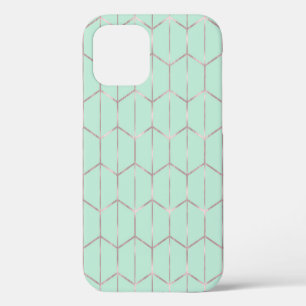 Funda Para iPhone 12 Rosa dorado y menta chic glam hexagonal geométrico
