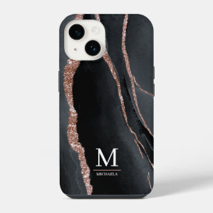 Funda Para iPhone 14 Rosa dorado y negro abstracto elegante monograma