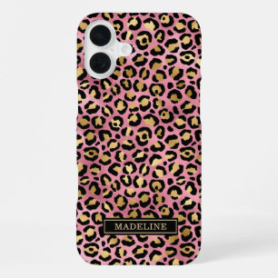 Funda Para iPhone 16 Plus Rosa Monograma Impreso Leopardo con Hojuela de Oro