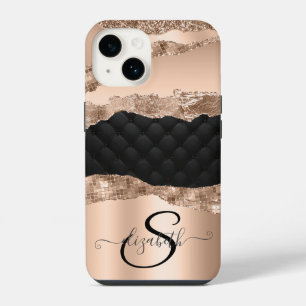 Funda Para iPhone 14 Rosa Negra Purpurina Lentejuelas Doradas