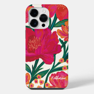 Funda Para iPhone 14 Pro Max Rosa negrita y floral naranja Nombre personalizado