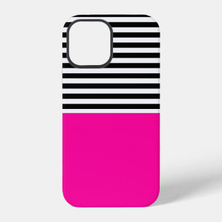 Funda Para iPhone 12 Rosa Neón Con Rayas Negras y Blancas