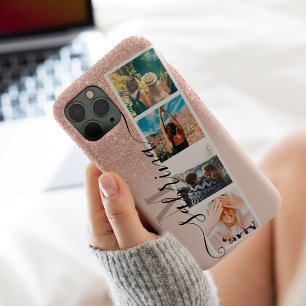 Funda Para iPhone 13 Pro Max Rosa oro 4 rejilla de colaje de nombre monograma r