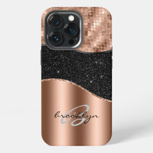 Funda Para iPhone 13 Pro Rosa Oro Purpurina Negro Bling Monograma Nombre