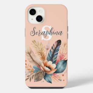 Funda Para iPhone 14 Plus Rosa Pastel Bonito Monograma Floral Elegante