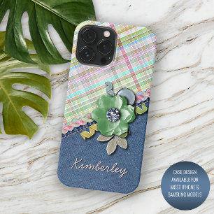 Funda Para iPhone 16 Pro Max Rosa pastel Verde menta Azul Patrón de Gingham a c