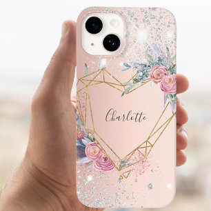 Funda Para iPhone 14 Rosa purpurina de plata dorada nombre de monograma