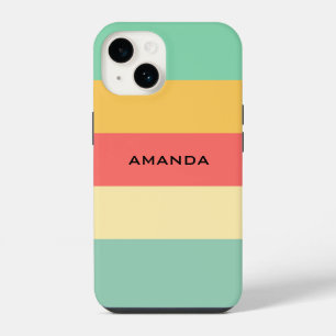 Funda Para iPhone 14 Rosa Retro Amarillo Verde Azul Rayas Personalizado
