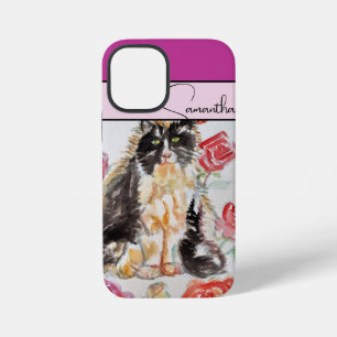 Funda Para iPhone 12 Mini Rosa Rojo Rosa Acuarela Rosas Esmoquin Gato Gatos