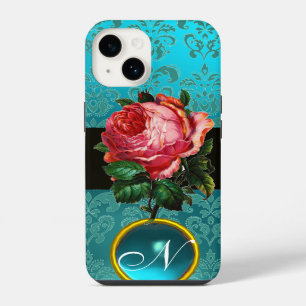 FUNDA PARA iPhone 14 ROSA ROSA PINK AZUL TEAL DAMASK GEM MONOGRAMA