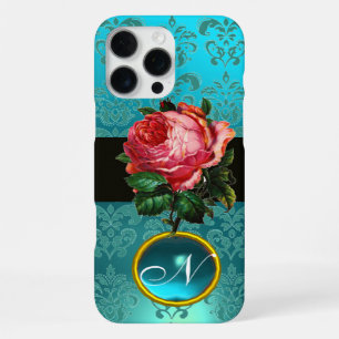 FUNDA PARA iPhone 16 PRO MAX ROSA ROSA PINK AZUL TEAL DAMASK GEM MONOGRAMA