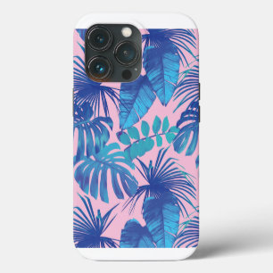 Funda Para iPhone 13 Pro Rosa y azul Follaje Tropical personalizado