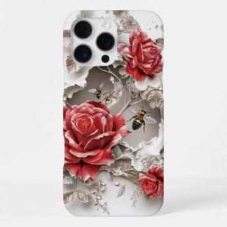Funda Para iPhone 16 Pro Max Rosas 3D Elegantes, Abejas y Belleza Botánica