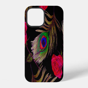 Funda Para iPhone 12 Rosas acuarelas, plumas de pavo real, decorativo.