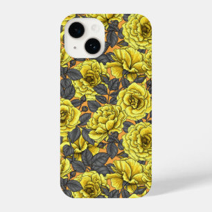 Funda Para iPhone 14 Rosas amarillas con hojas grises en naranja
