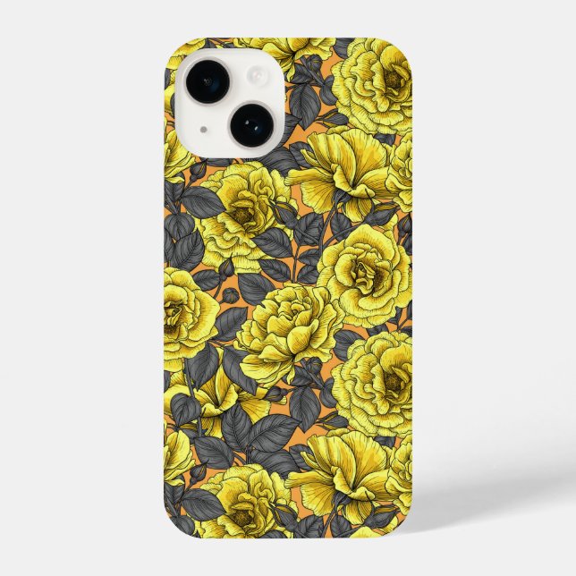 Funda Para iPhone Rosas amarillas con hojas grises en naranja (Reverso )