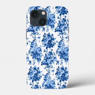 Funda Para iPhone 13 Mini Rosas Antiguas Vintage Románticas-Azul sobre Blanc