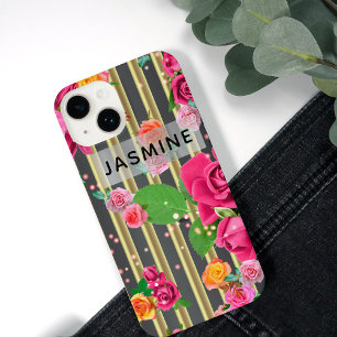 Funda Para iPhone 14 Rosas De Moda Elegantes Con Bandas De Oro Y Negro