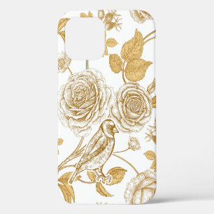 Funda Para iPhone 12 Rosas doradas, flores, hojas y bayas de rosa silve