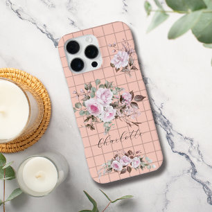 Funda Para iPhone 16 Pro Max Rosas en cuadrículas Personalizan Nombre Caso Ipho
