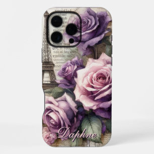 Funda Para iPhone 16 Pro Max Rosas púrpura vintage personalizadas en París