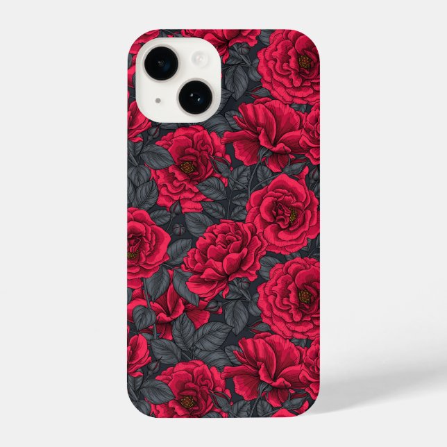 Funda Para iPhone Rosas rojas con hojas grises en negro (Reverso )