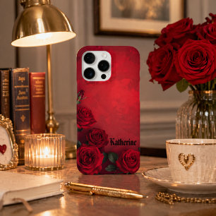 Funda Para iPhone 16 Pro Max Rosas Rojas Góticas Elegantes con Nombre Personali