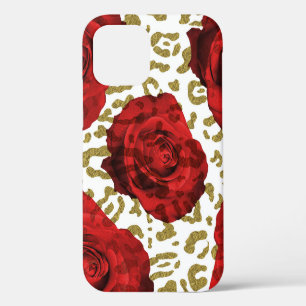 Funda Para iPhone 12 Rosas Rojas Oro Blanco Cheetah Leopardo Estampado
