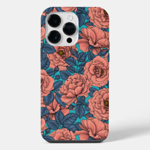 Funda Para iPhone 14 Pro Max Rosas rosadas con hojas azules sobre azul