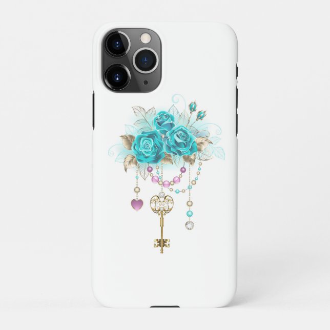 Funda Para iPhone Rosas turquesas con llaves (Reverso)