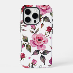 Funda Para iPhone 16 Pro Rosas y hojas de acuarela patrón