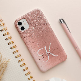 Funda Para iPhone 14 Rose Gold Brushed Metal Glitter Monogram Name