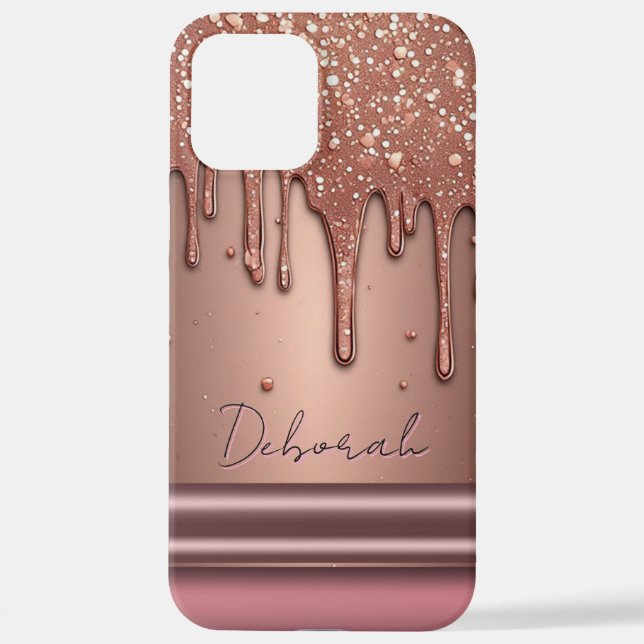 Funda Para iPhone Rose Gold Glitter Drip Custom Name Monogram (Reverso )
